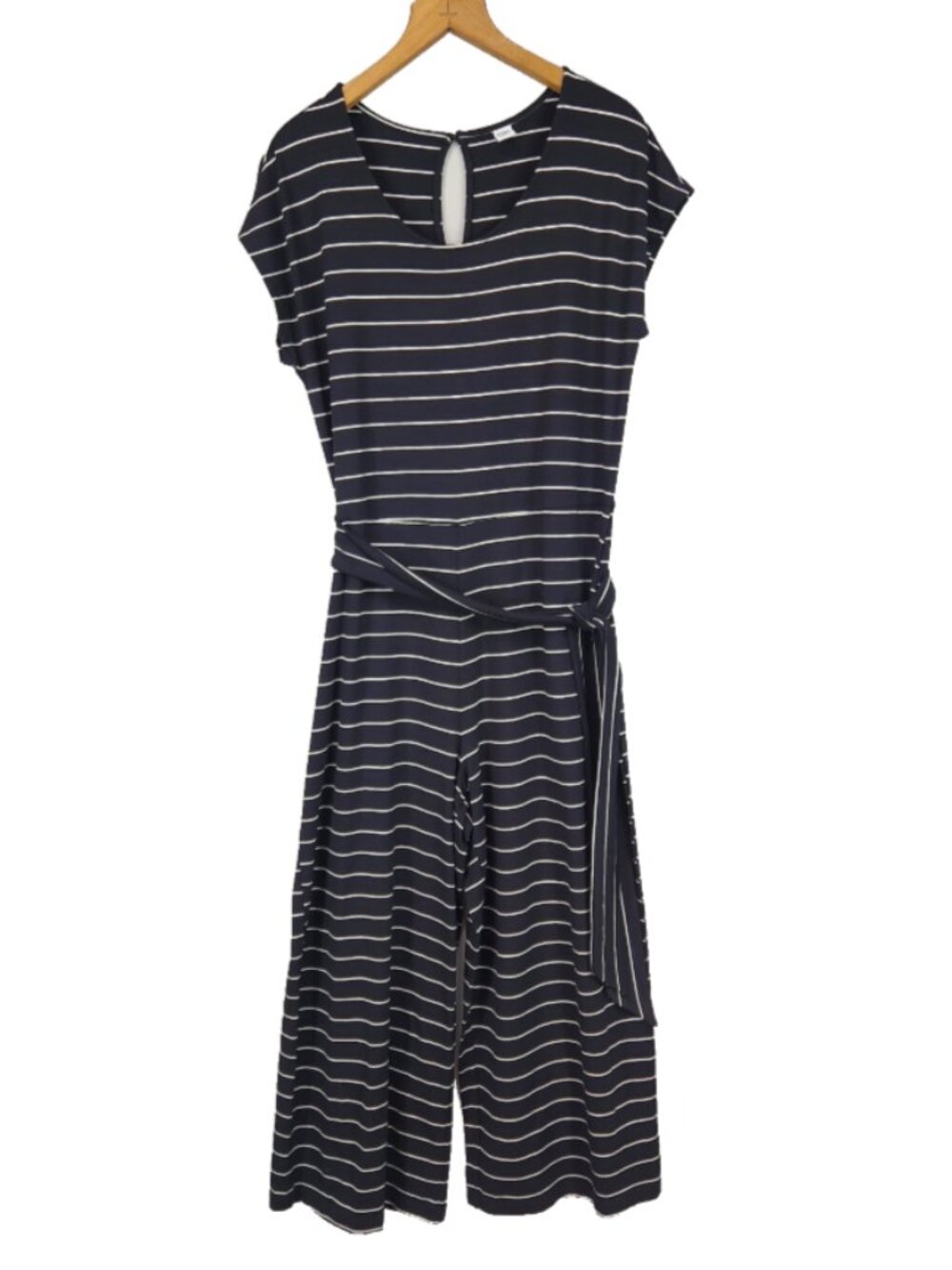 NWT Old Navy Jumpsuit Womens M Capri Wide Leg Navy Blue White Stripe Belted